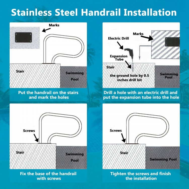 Stainless steel swimming pool handrail installation steps, featuring a solid base for stability and easy grip design.