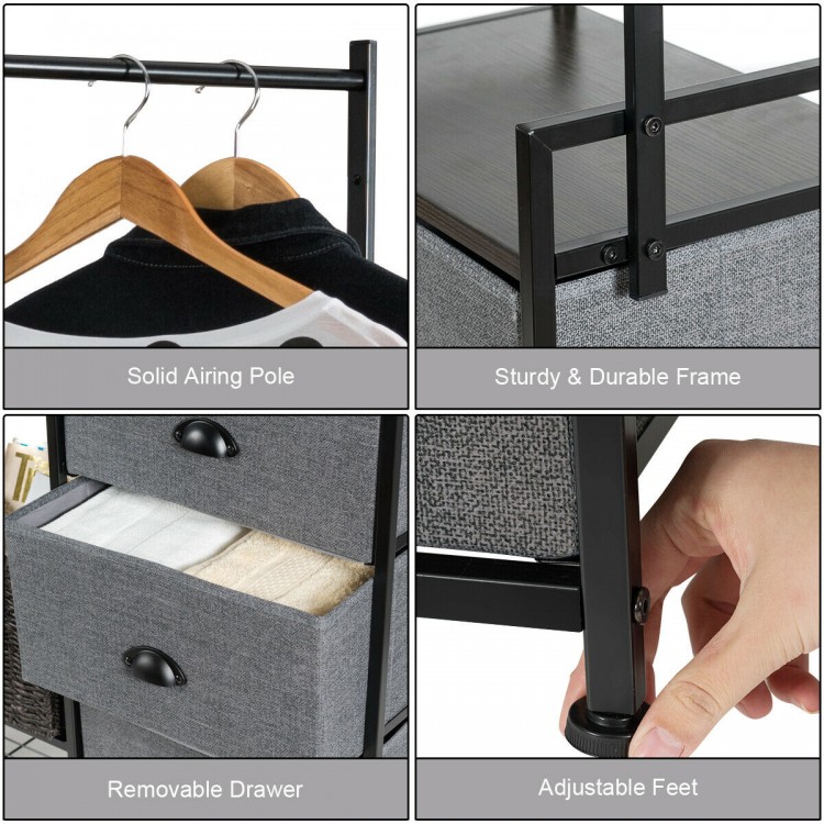 Portable multifunctional dresser with 8 fabric drawers, sturdy metal rack, and adjustable feet for versatile storage.