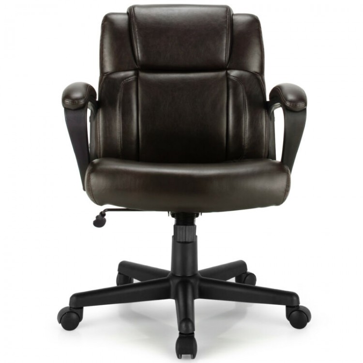 Front view of an adjustable leather executive office chair with a padded cushion and armrests, ideal for long work.