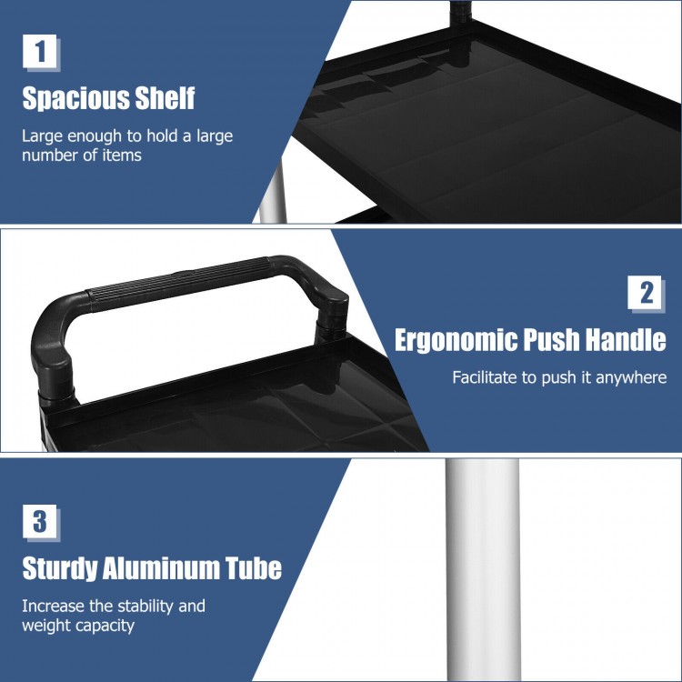 3-shelf utility service cart with aluminum frame, ergonomic push handle, and spacious shelf for easy transport and.