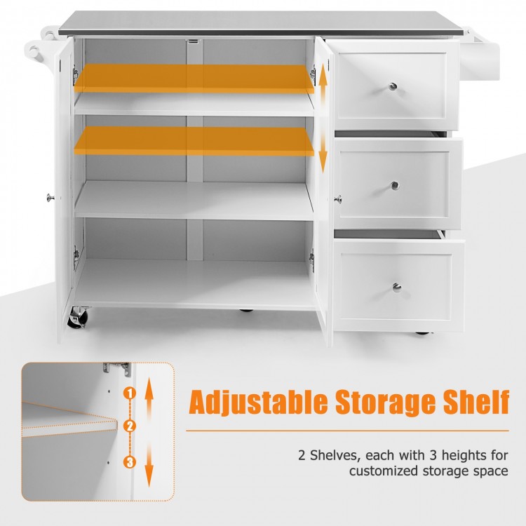 Kitchen island storage cabinet featuring adjustable shelves, stainless steel top, and three drawers for organized.