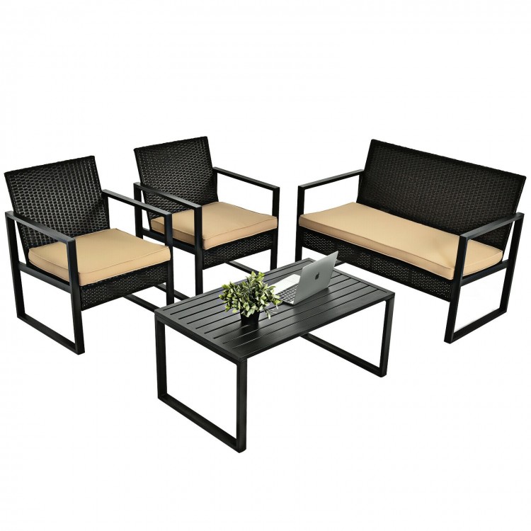Coffee table from a 4-piece patio rattan furniture set, featuring a sleek design and durable steel frame for versatile.