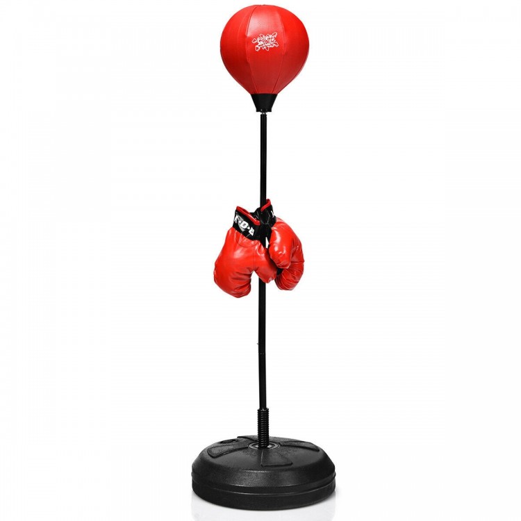 Adjustable height punching bag with stand and red boxing gloves, designed for adults and kids for fitness and.