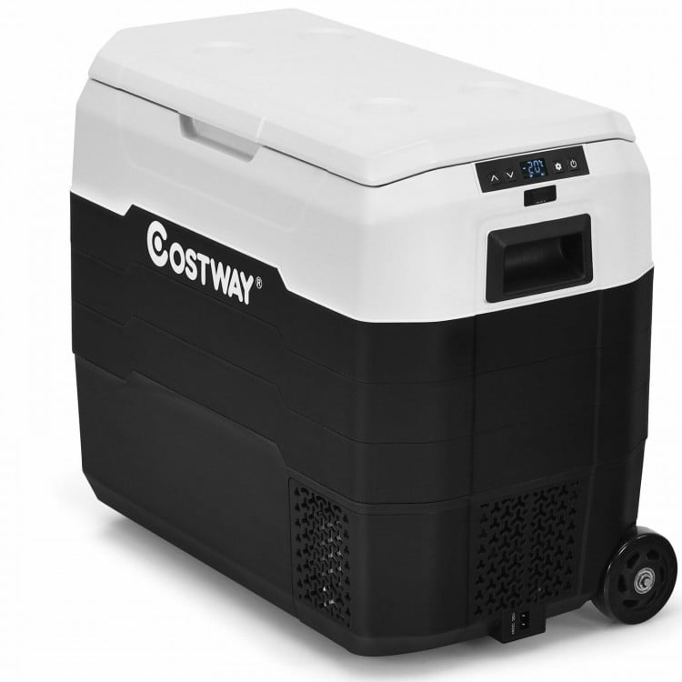 Portable 53 QT dual-zone car refrigerator in white, featuring wheels and a telescopic handle for easy transport.