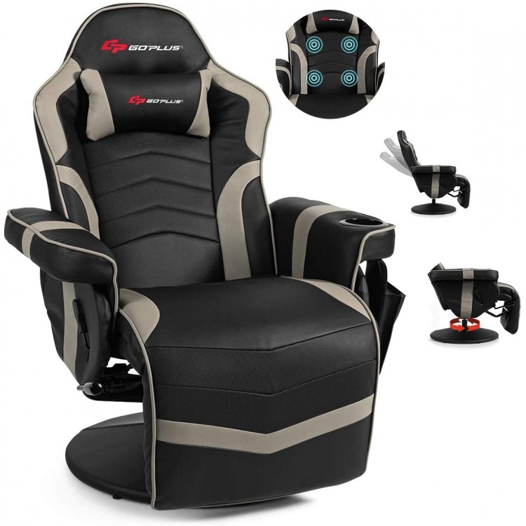Ergonomic high back massage gaming chair in gray with adjustable backrest, 4 massage points, and cup holder for.