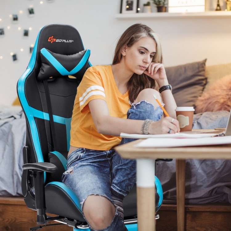 Reclining racing chair in blue with lumbar support and footrest, ideal for gaming and long hours of sitting.