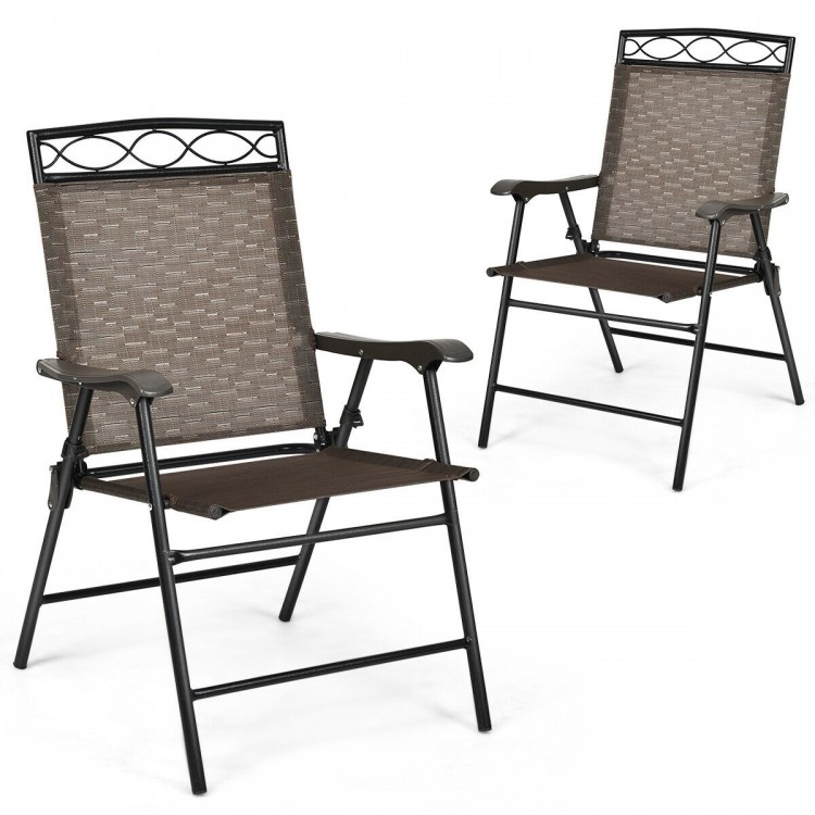 Side view of a patio folding chair with streamlined armrests, heavy-duty steel frame, and breathable fabric for outdoor.