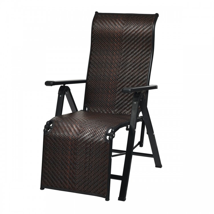 Adjustable patio back folding lounge recliner in durable PE rattan with a solid steel frame, perfect for outdoor.