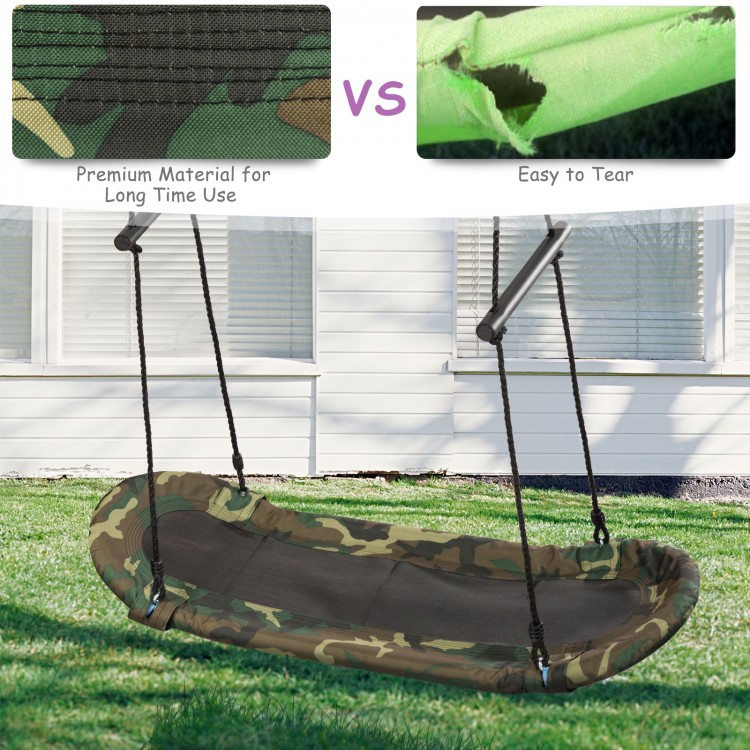 Adjustable army green saucer tree swing with foam handles, designed for comfort and safety, perfect for outdoor fun.
