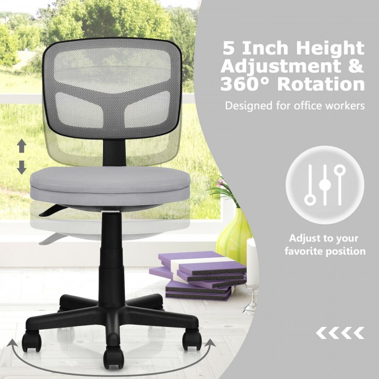 Gray armless computer chair with a curved backrest and height adjustment, perfect for a comfortable home office setup.
