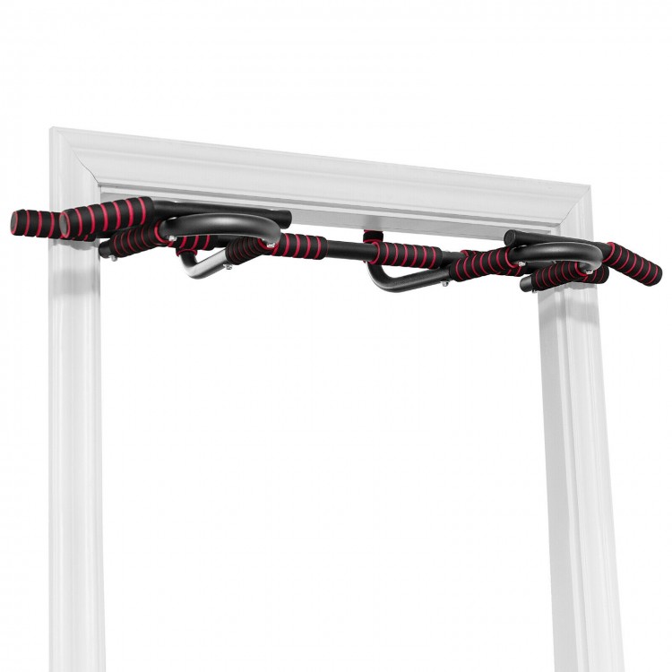 Multi-purpose pull-up bar for doorway use, made of sturdy iron, supports up to 300 lbs, with ergonomic foam grips.