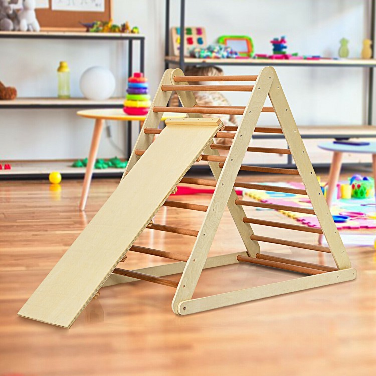 Foldable wooden climbing triangle with ladder for toddlers, made of natural wood, safe for indoor play and easy to.