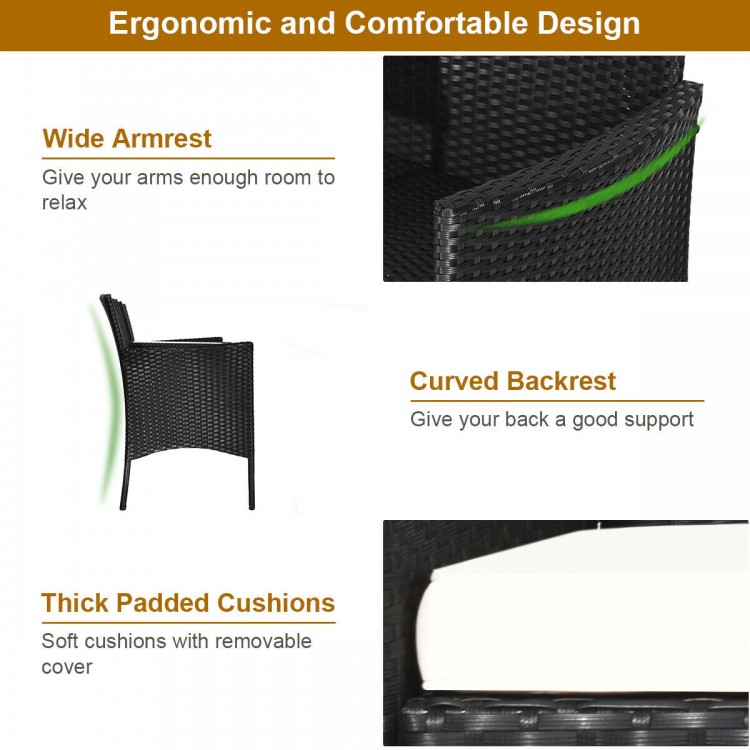 Detail of the wicker patio conversation furniture set showcasing the ergonomic wide armrest and curved backrest design.