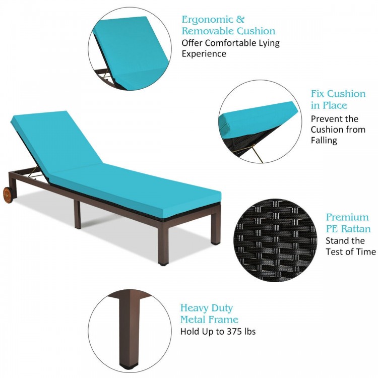 Turquoise patio chaise lounge chair with ergonomic design, PE rattan, and adjustable backrest for outdoor relaxation.