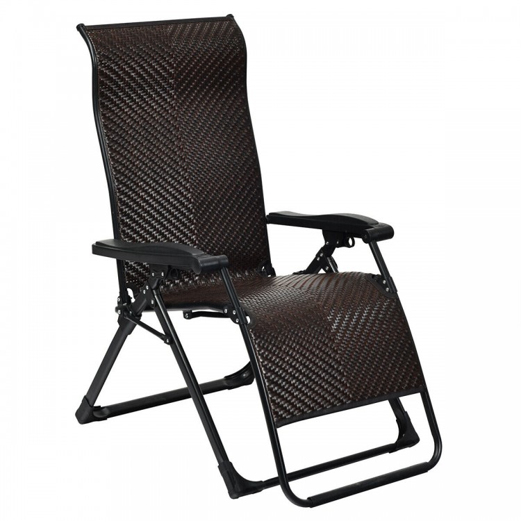 Zero gravity lounge chair in dark rattan with adjustable reclining backrest, perfect for outdoor relaxation.