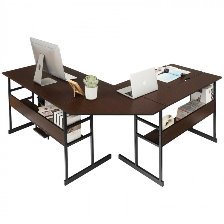 L-shaped computer desk in brown with adjustable tabletop, two open shelves, and a flexible CPU stand for home office.