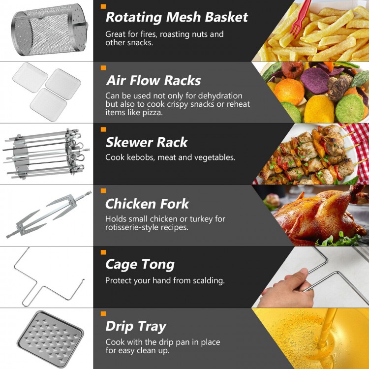Rotating mesh basket for the 19 qt multi-functional air fryer oven, ideal for frying nuts and snacks with hot air.