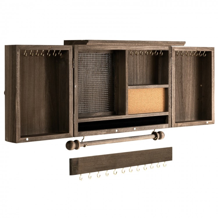 Vintage wood wall-mounted jewelry organizer with barn doors, multiple hooks, and silver mesh for organized storage.