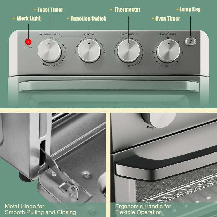 Close-up of the control panel of a 19 Qt air fryer toaster oven with knobs for time, temperature, and functions.