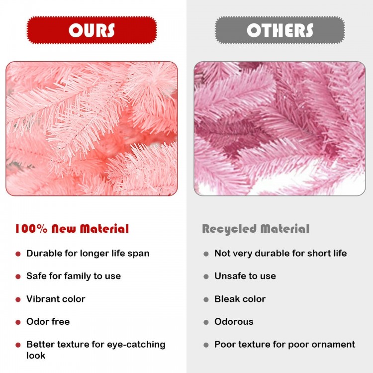 6 feet pink artificial Christmas tree with full-bodied spruce design, made of 100% new PVC material for safe holiday.