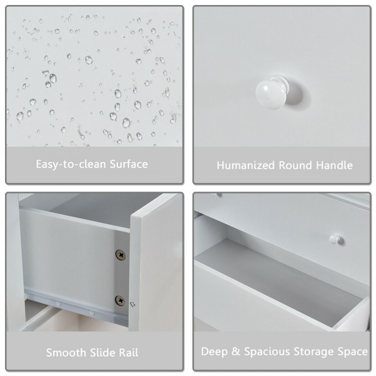 Close-up of the white dresser's round handle, showcasing its easy-to-clean surface and smooth slide rail for effortless.