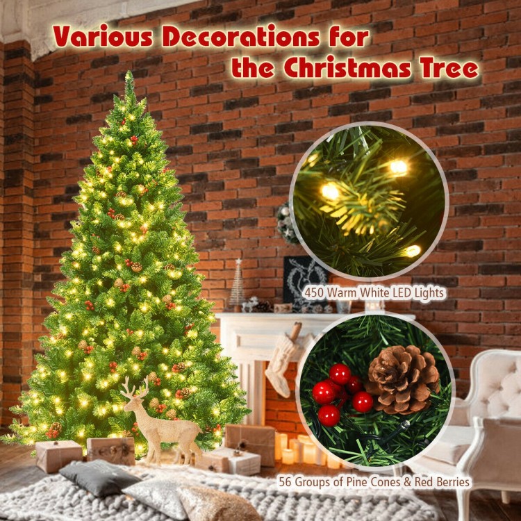 6.5 feet pre-lit Christmas tree with 450 LED lights, 56 pine cones, and red berries for festive home decoration.