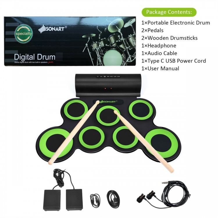 Portable electronic roll-up drum set with 7 sensitive-touch pads, wooden drumsticks, and dual speakers for practice.