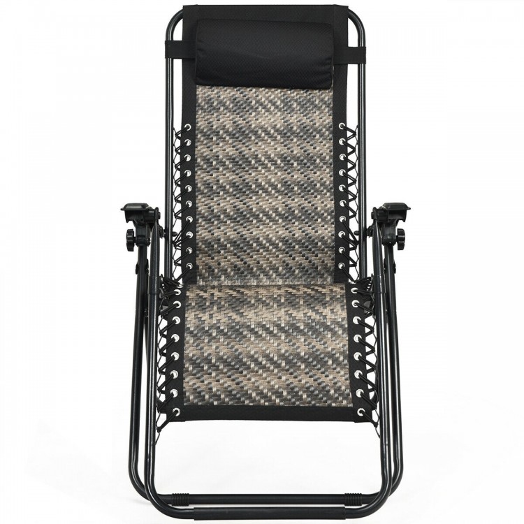 Folding rattan zero gravity lounge chair in gray with removable head pillow, perfect for outdoor relaxation.