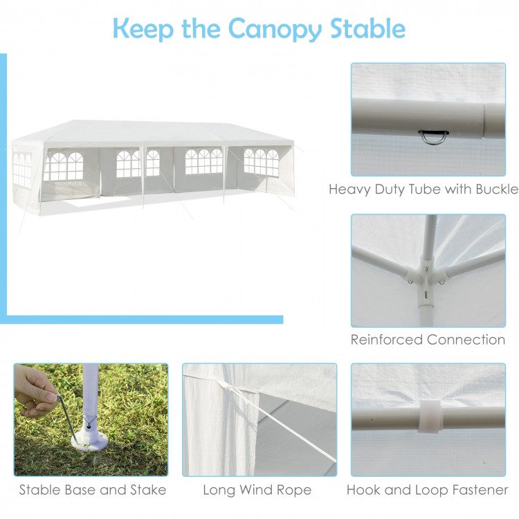 10x30 feet canopy tent with reinforced connections and removable sidewalls, ideal for outdoor parties and weddings.