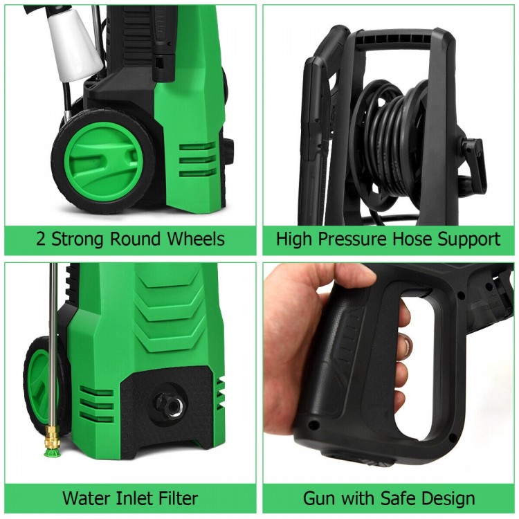 Close-up of the 3500PSI electric pressure washer's gun with safety lock and high-pressure hose support for easy.