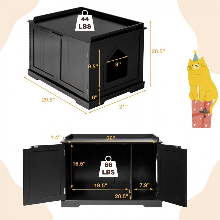 Black cat litter box enclosure with double doors, sturdy MDF, large cat hole, and ample storage space for pets.