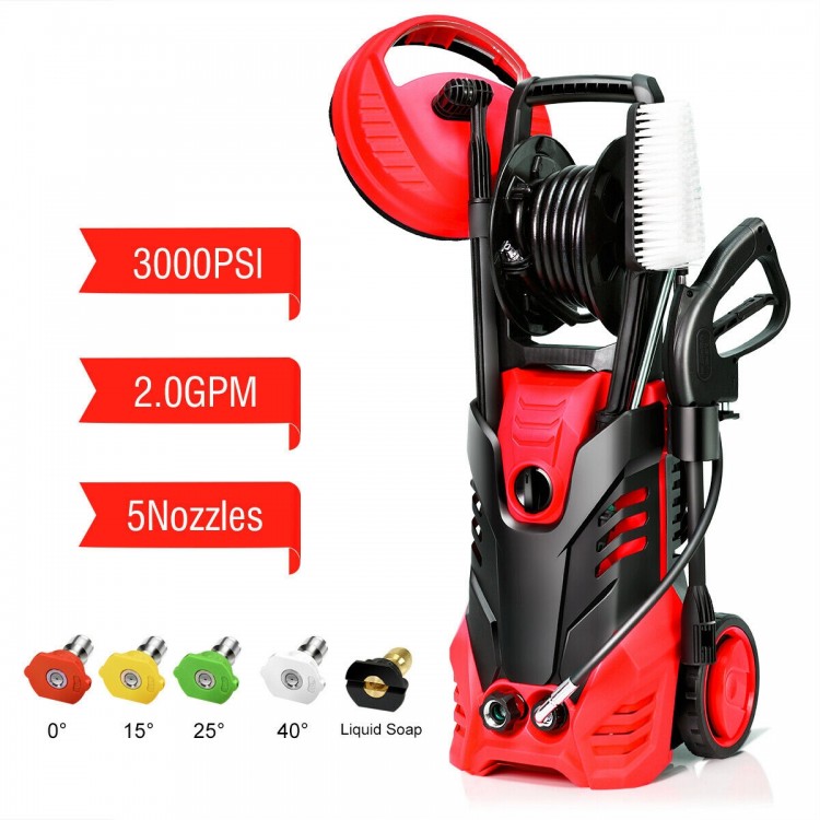 Electric high pressure washer in red with 3000 PSI, 2.0 GPM, and five nozzles for versatile outdoor cleaning tasks.