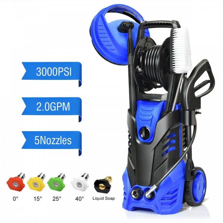 Electric high pressure washer in blue with 3000 PSI, 2.0 GPM, five nozzles, and hose reel for versatile cleaning tasks.