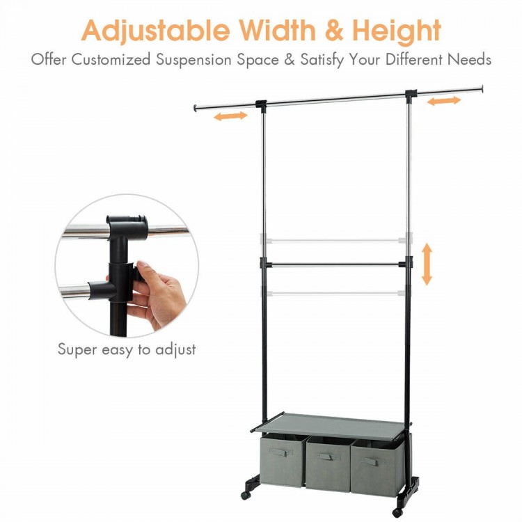 2-Rod Adjustable Garment Rack with Shelf and Storage Boxes - Costway