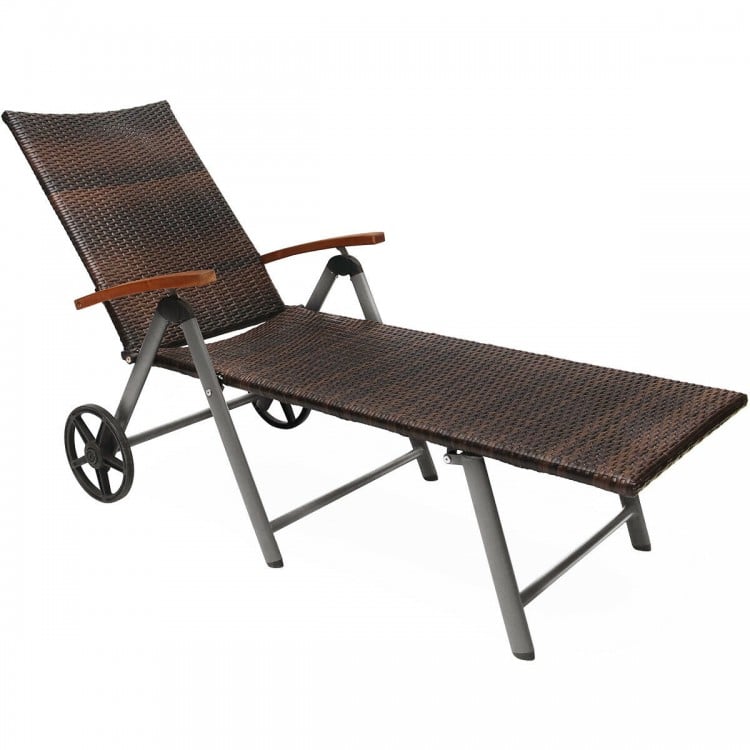 Rattan chaise lounge chair with adjustable backrest and aluminum frame, perfect for outdoor relaxation by the pool.