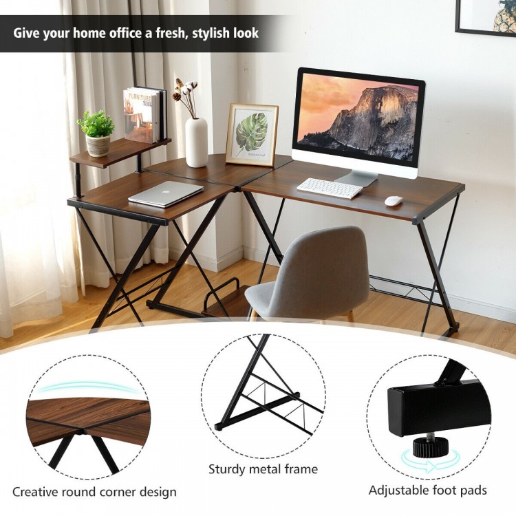 L-shaped computer gaming desk in walnut with adjustable monitor stand, perfect for maximizing corner space in home.