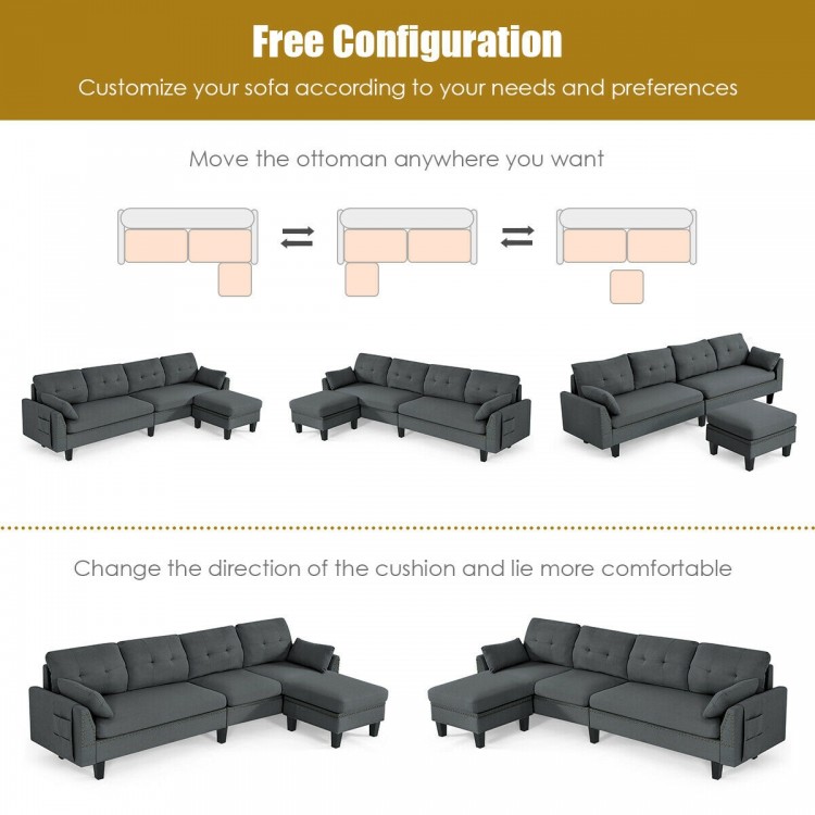 Reversible L-shaped sectional sofa in gray with movable ottoman, breathable linen fabric, and solid wood legs for.