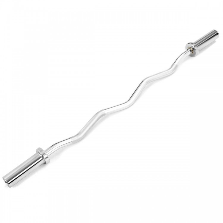 47-inch chrome steel bar with curved design and knurled handles, ideal for home gym fitness exercises.