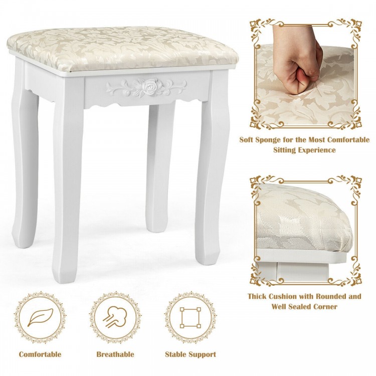 Cushioned stool with soft sponge and white MDF legs, designed for comfort in a makeup vanity dressing table set.