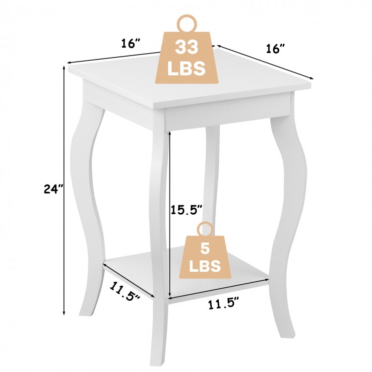White accent side table with curved legs, featuring a lower shelf for storage, ideal for living room decor.
