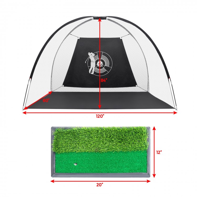 Portable 10 feet golf practice net with durable nylon mesh, includes storage bag and ground stakes for easy setup.