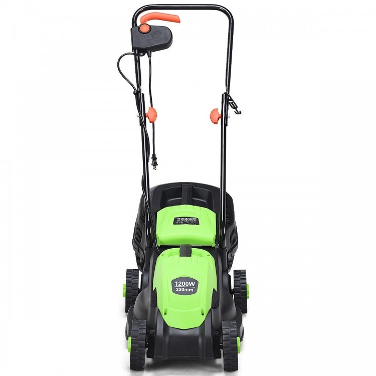 Electric push lawn mower with 13-inch cutting width, ergonomic handle, and grass bag for easy lawn maintenance.
