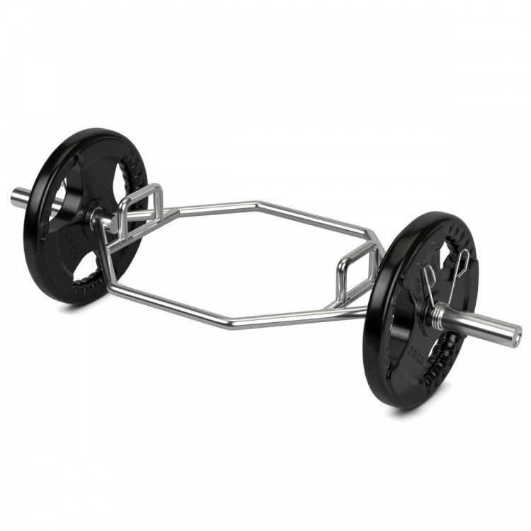 56-inch Olympic hexagon deadlift trap bar with heavy-duty steel construction and snap springs for secure weight loading.