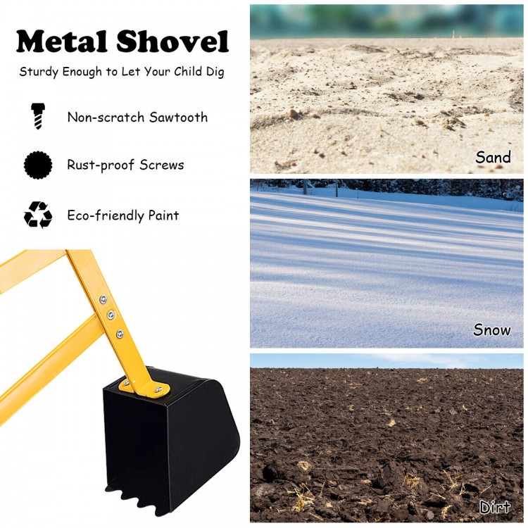 Heavy duty kid ride-on sand digger excavator with sturdy steel frame, rubber handle, ideal for beach play and.
