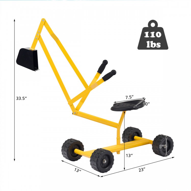 Heavy duty kid ride-on sand digger excavator with sturdy steel frame, 360-degree rotatable seat, for beach play.