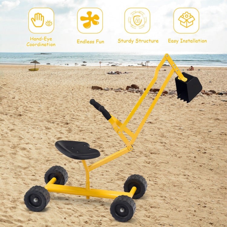 Heavy duty kid ride-on sand digger excavator with sturdy steel frame and 360-degree rotatable seat for beach fun.