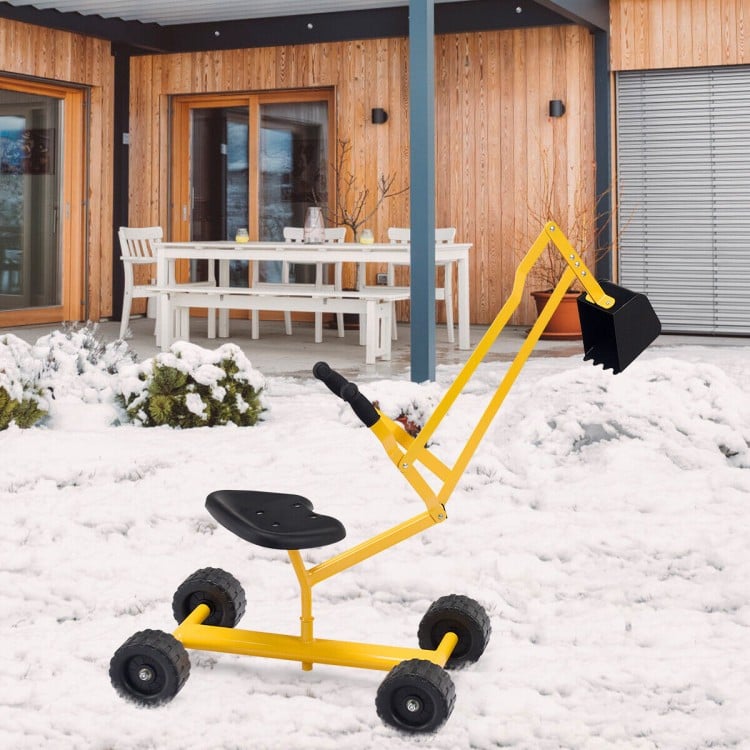 Heavy duty kid ride-on sand digger excavator with a sturdy steel frame and 360-degree rotatable seat for outdoor fun.