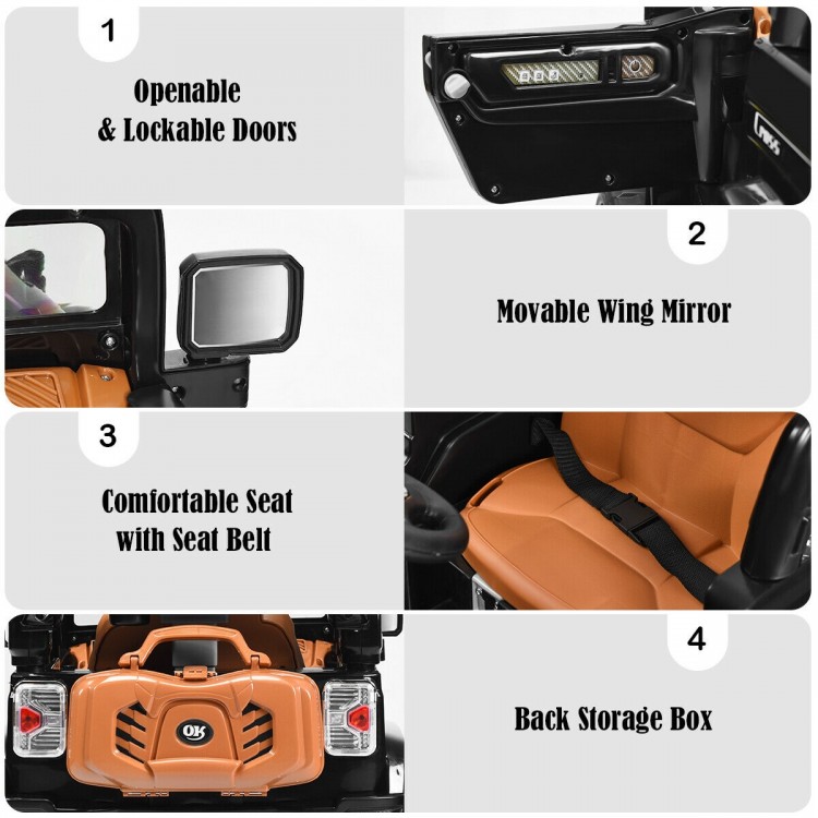 Openable and lockable doors of the 12 V kids ride on truck with comfortable seat and safety belt for secure play.