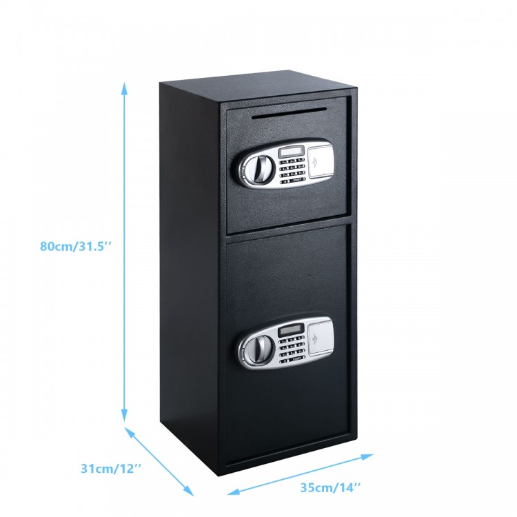 Digital safe box with two doors, solid steel construction, programmable electronic lock, and easy-access deposit slot.