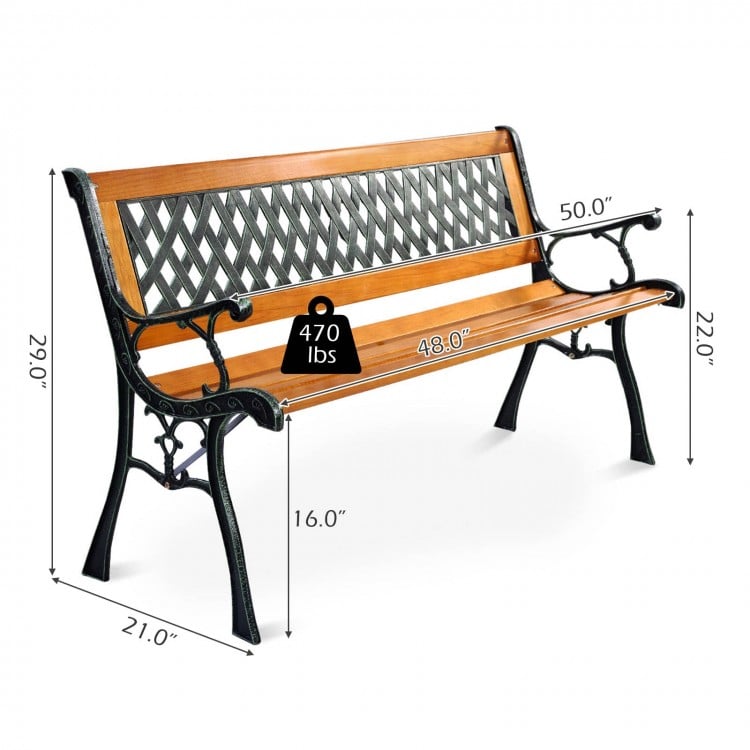 Outdoor cast iron patio bench with solid wood seat, dimensions 50" x 22", supports up to 470 lbs for comfortable.